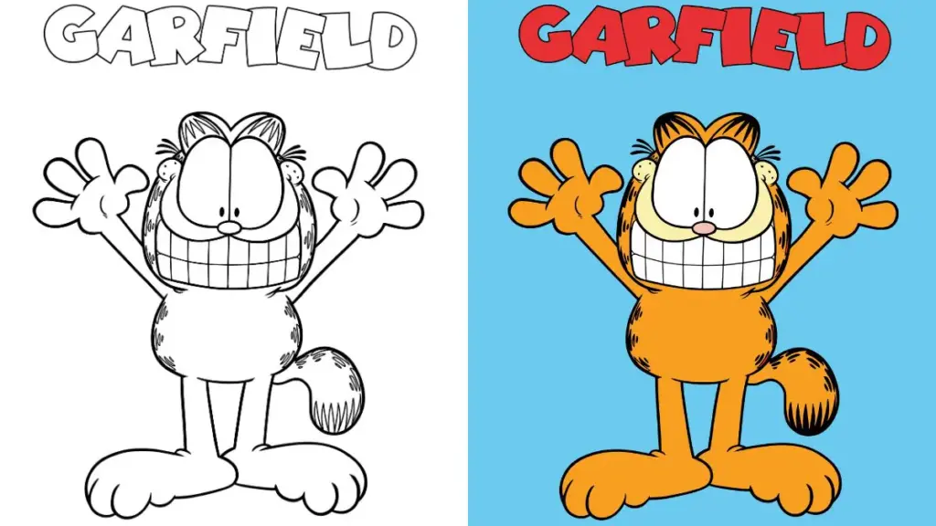 Garfield coloring page, black-and-white and colored versions