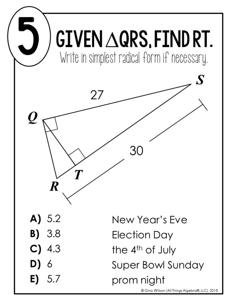 Geometry worksheet with triangle diagram and multiple-choice answers