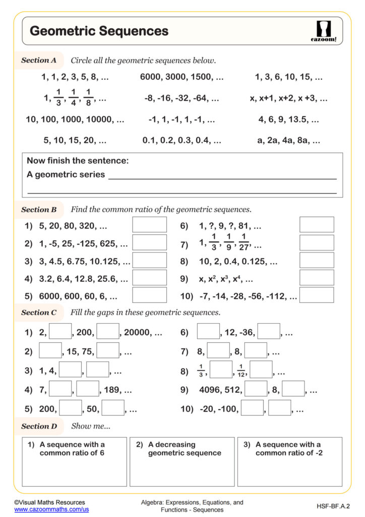Geometric sequences math worksheet with sections A through D