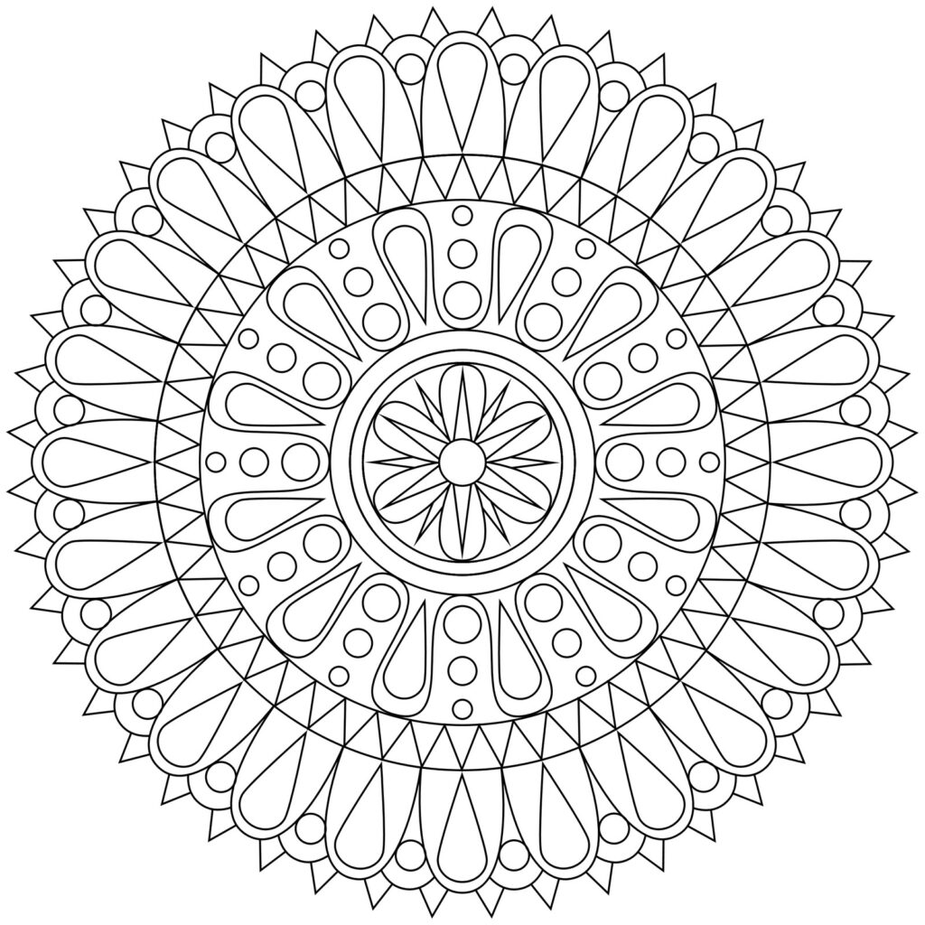 Intricate circular mandala line drawing on white background