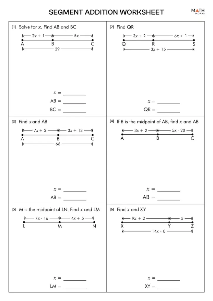 Segment addition worksheet with six geometry problems