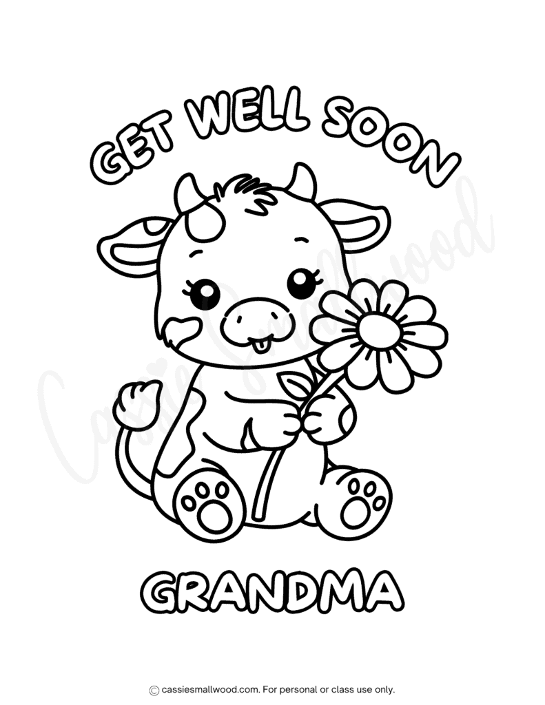 Cartoon cow holding flower with text, get well soon grandma