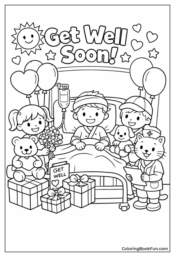 Get Well Soon coloring page with children and gifts