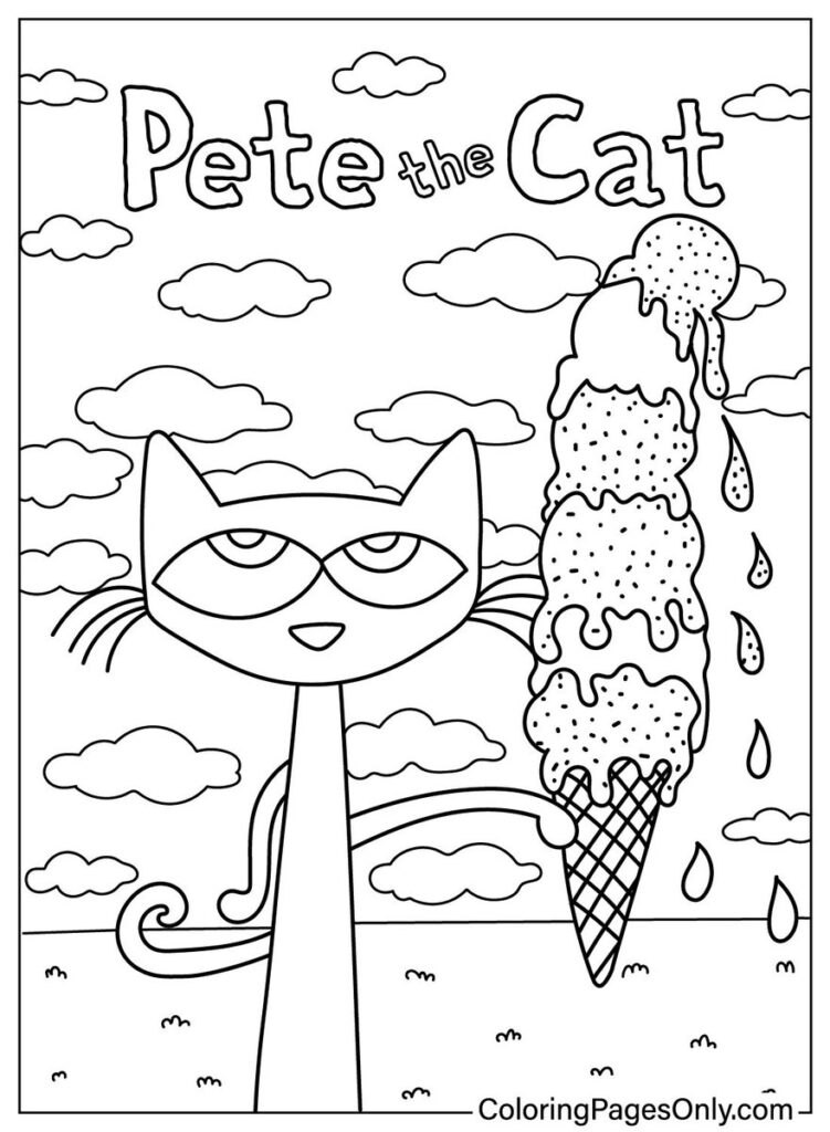 Cartoon cat beside melting ice cream cone, clouds above