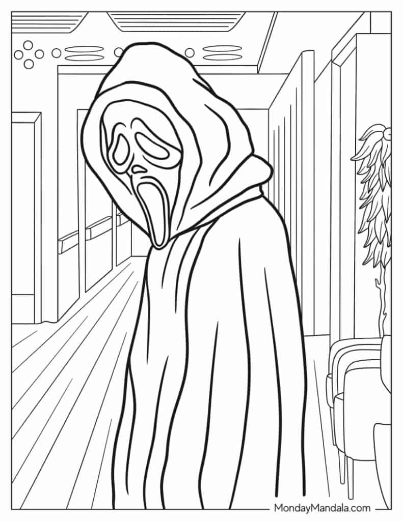 Ghostface in hooded robe standing in hallway