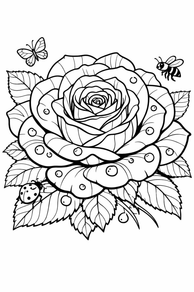 Black-and-white rose with leaves, butterfly, bee, and ladybug