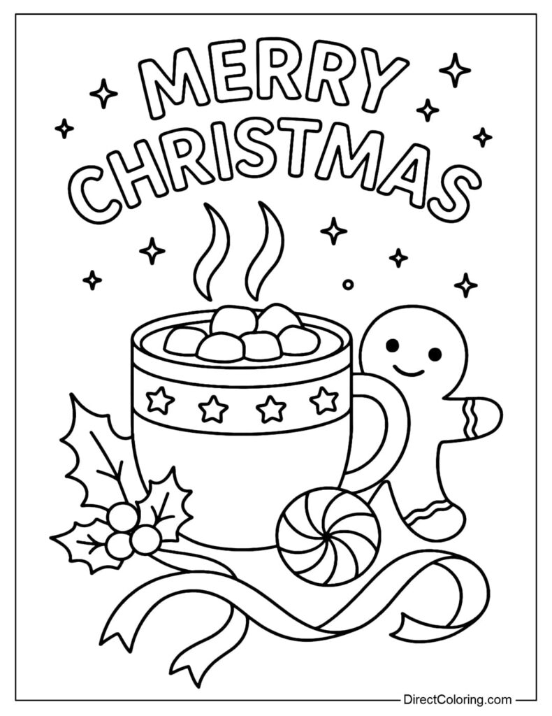 Merry Christmas coloring page with hot cocoa mug