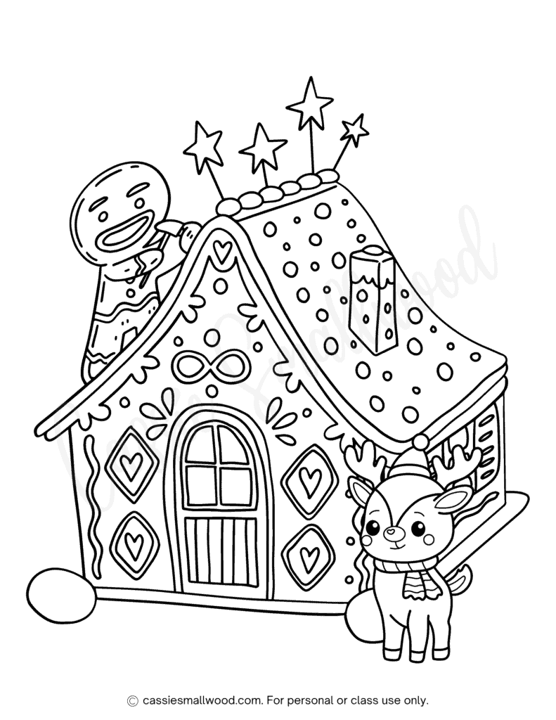 Coloring page gingerbread house with gingerbread man and reindeer