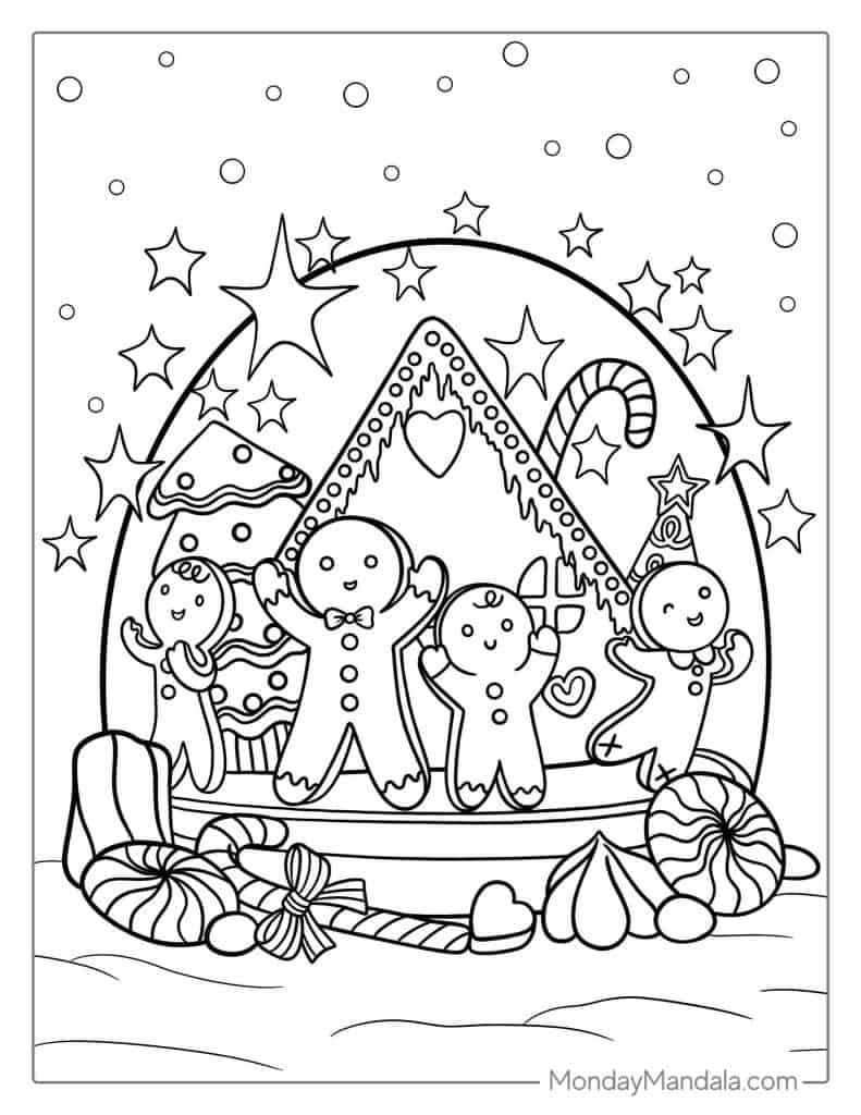Gingerbread figures and candy in snow globe coloring page
