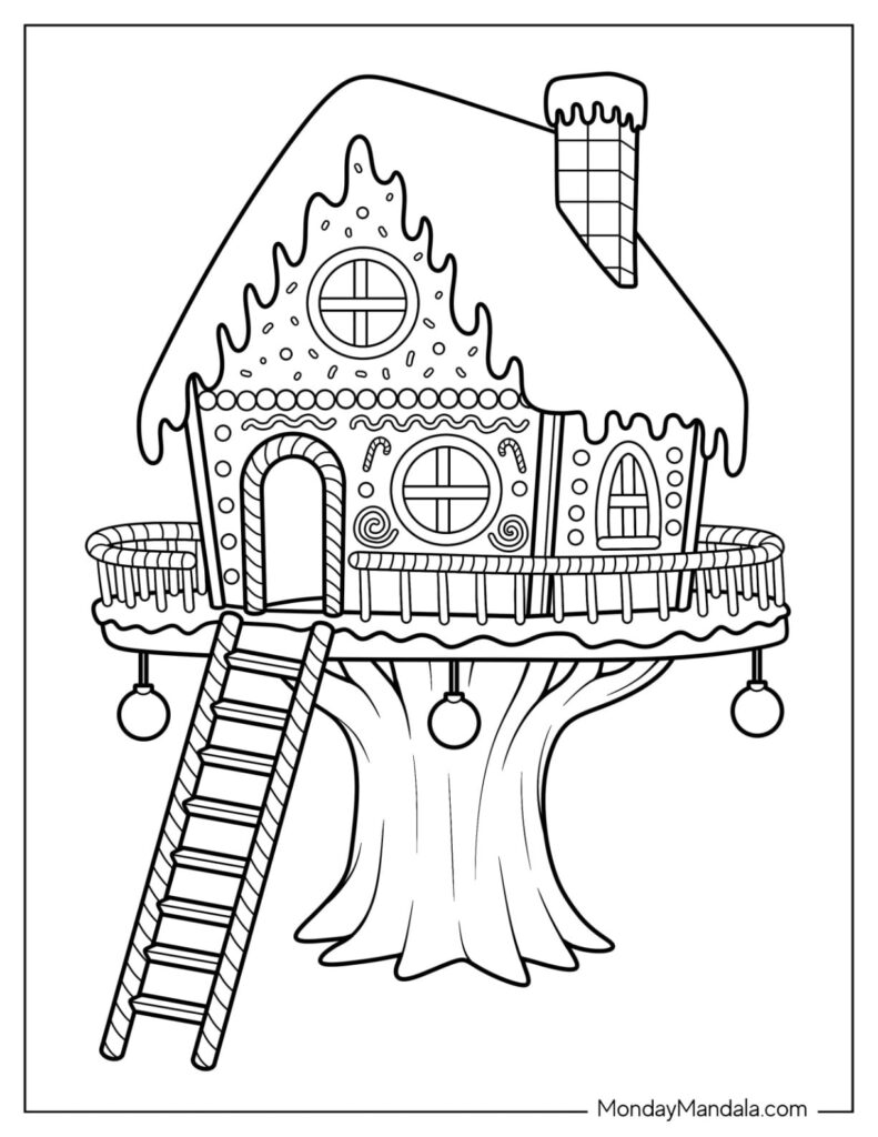 Black-and-white drawing of a treehouse with ladder and chimney