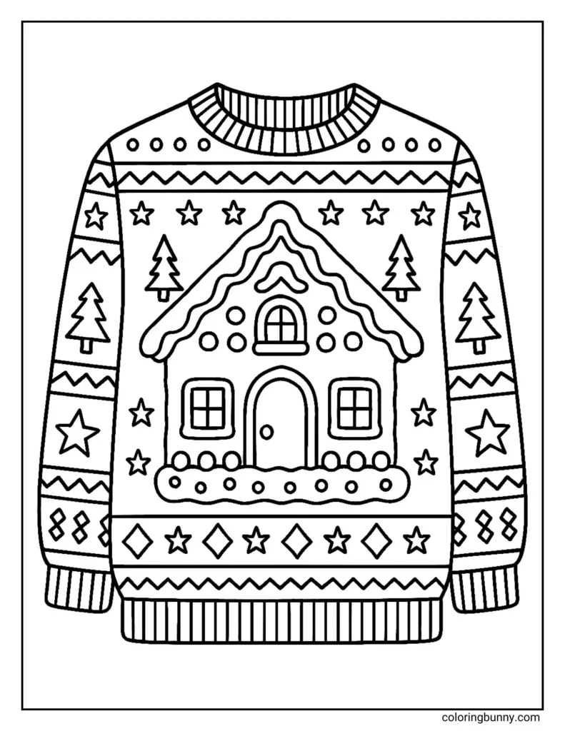 Black-and-white sweater with gingerbread house pattern