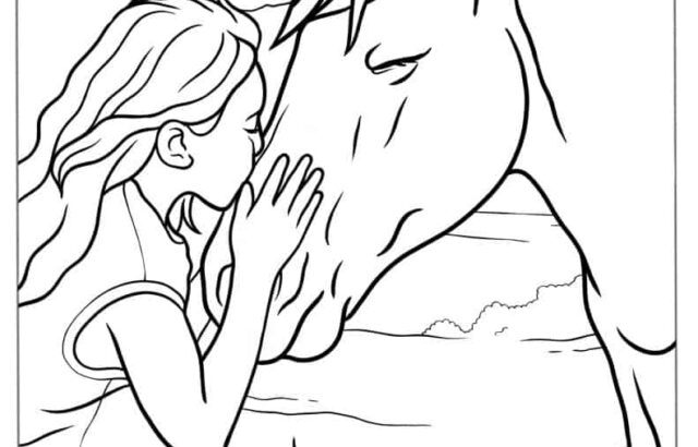 Line drawing of girl kissing a horse outdoors