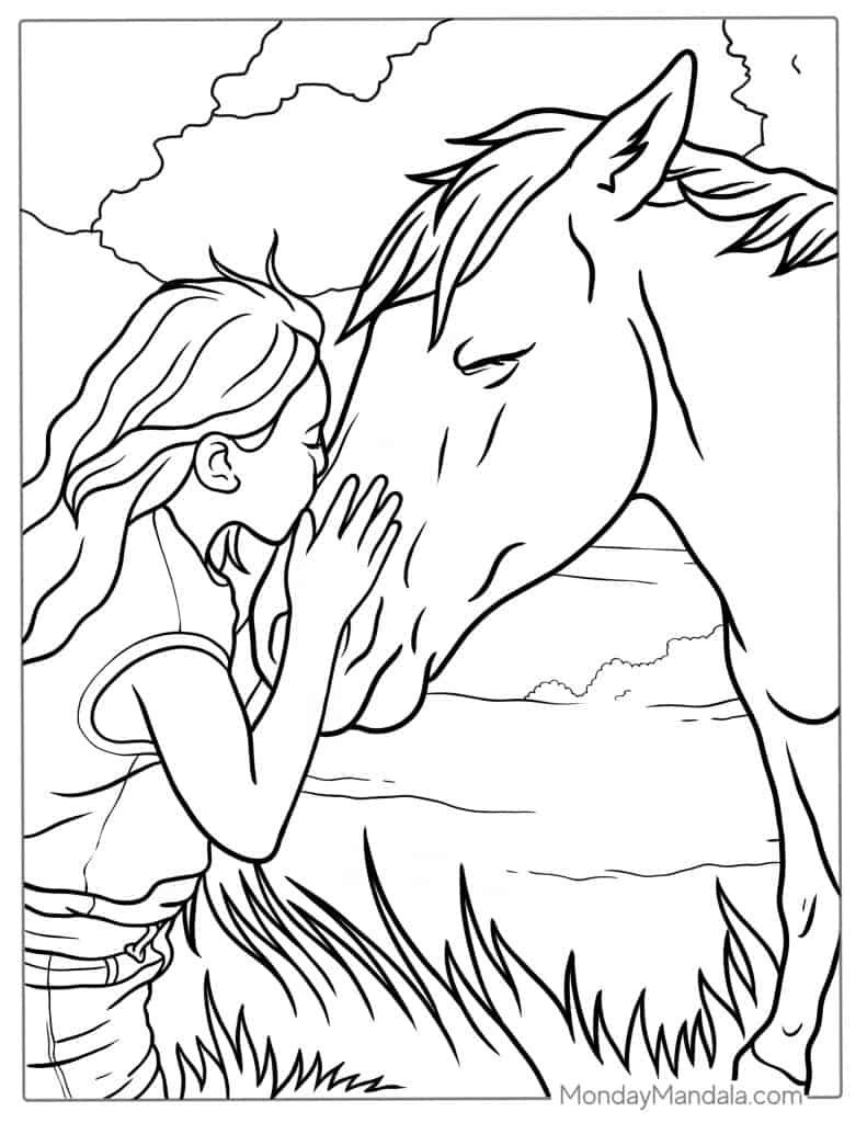 Line drawing of girl kissing a horse outdoors