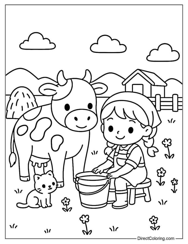 Girl milking cow in a farm field