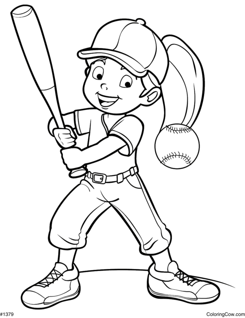 Cartoon child baseball player holding bat, ball beside