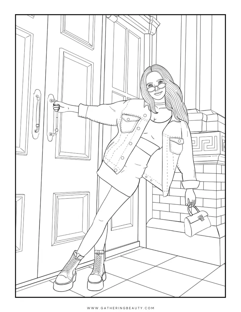 Line drawing of woman holding door and handbag outdoors