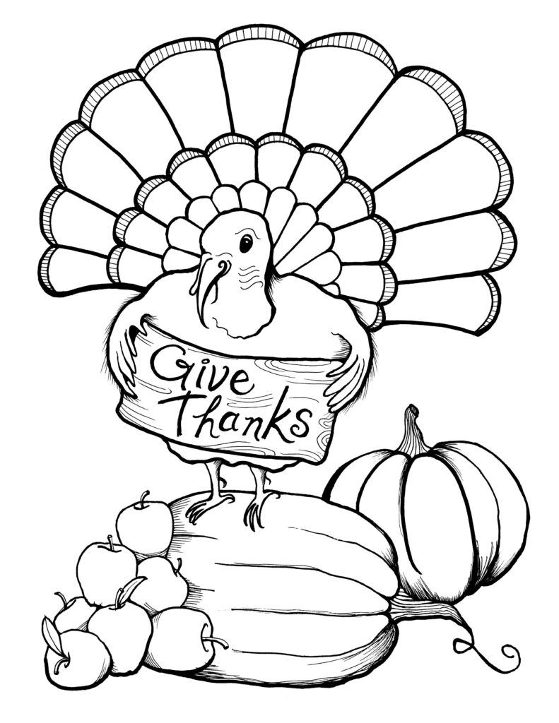 Turkey holding “Give Thanks” sign with pumpkins and apples