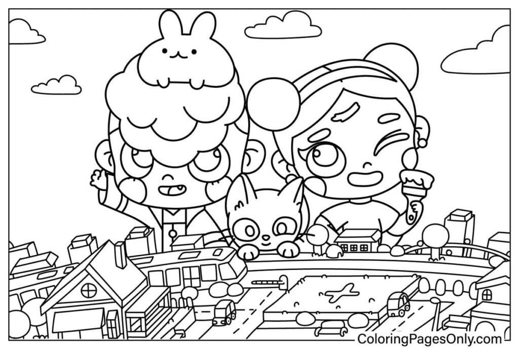 Cartoon children and cat above town coloring page