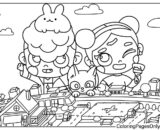 Cartoon children and cat above town coloring page