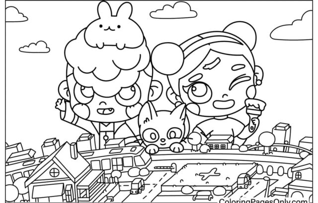 Cartoon children and cat above town coloring page