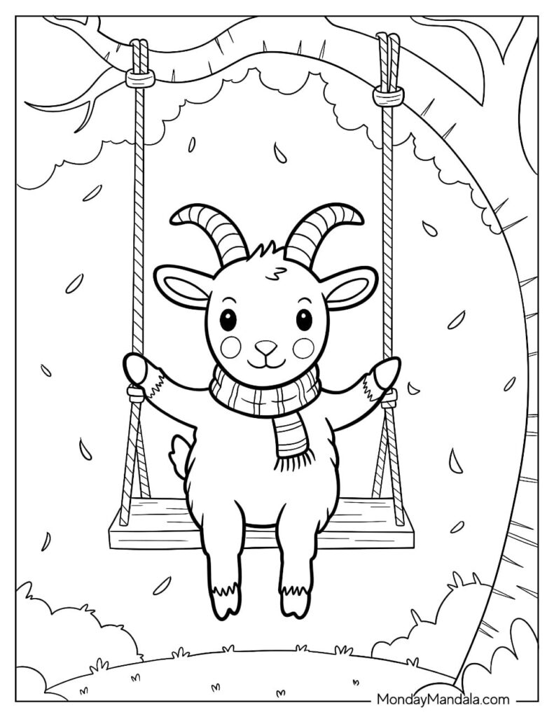 Cartoon goat on swing under tree branches