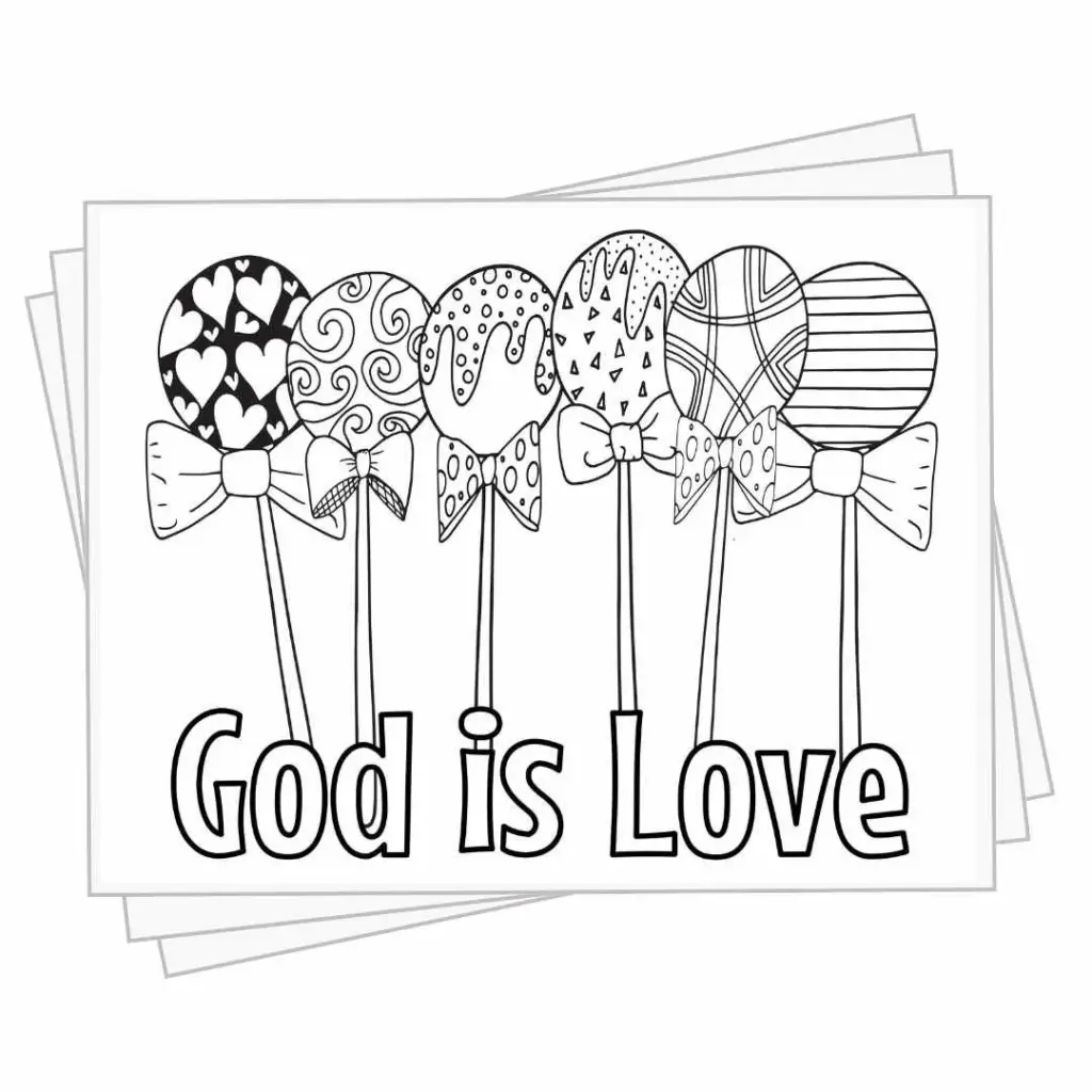 Coloring page with balloons and “God is Love” text