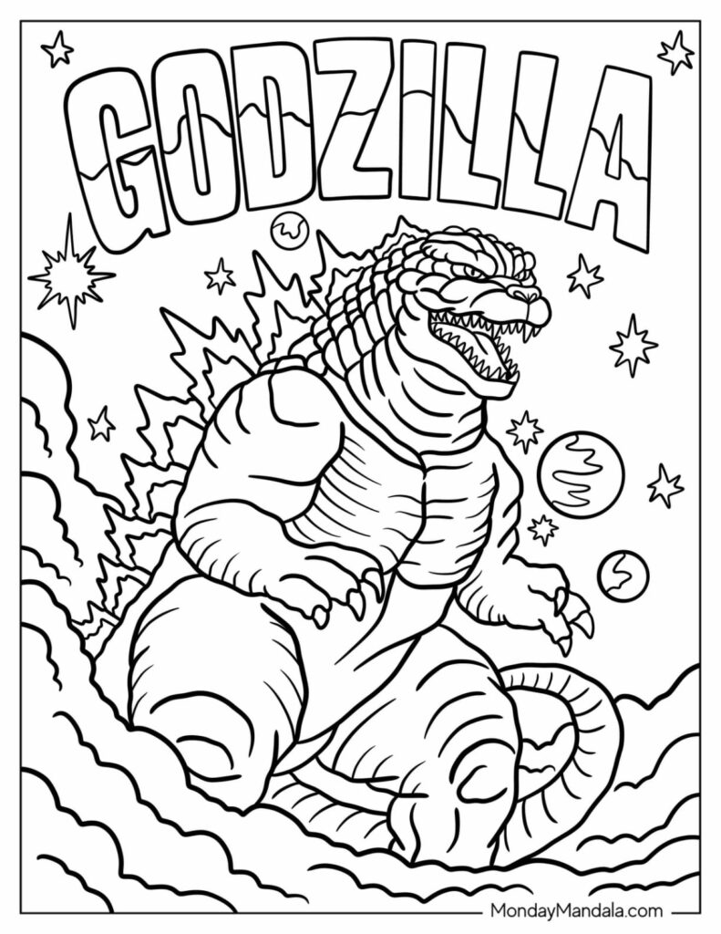 Godzilla coloring page with stars and planets