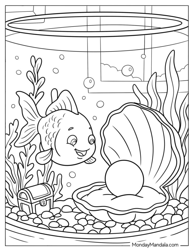 Line drawing of goldfish in an aquarium with seashell and chest