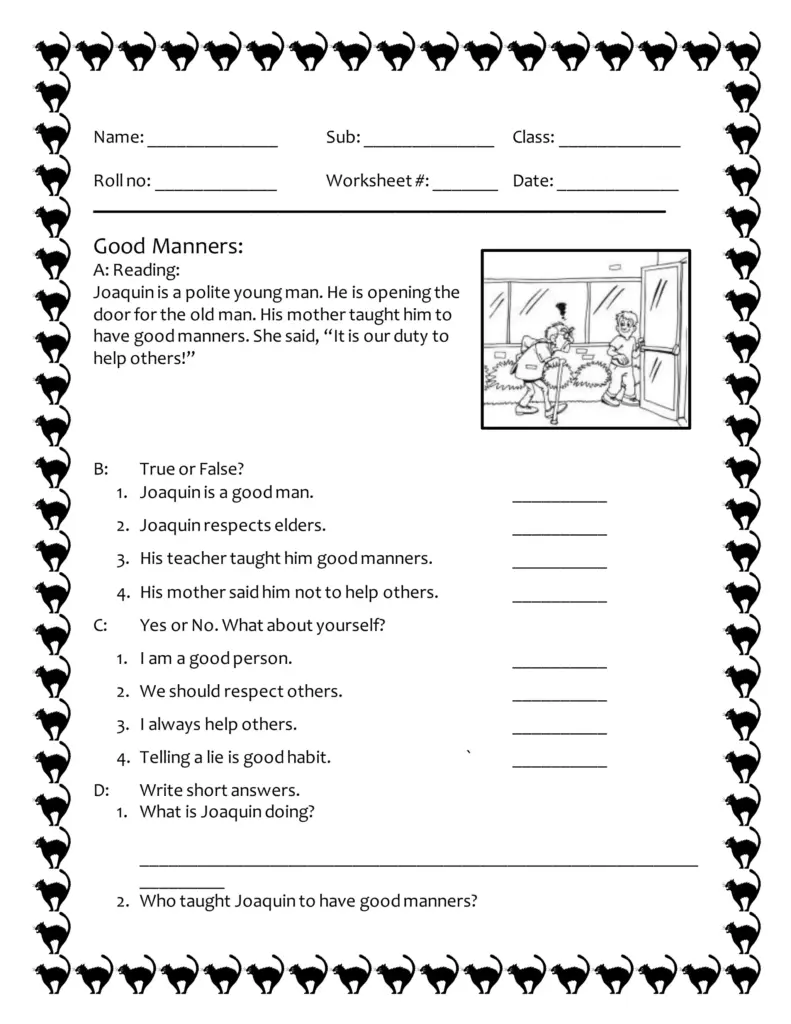 Good manners worksheet with text and cartoon illustration
