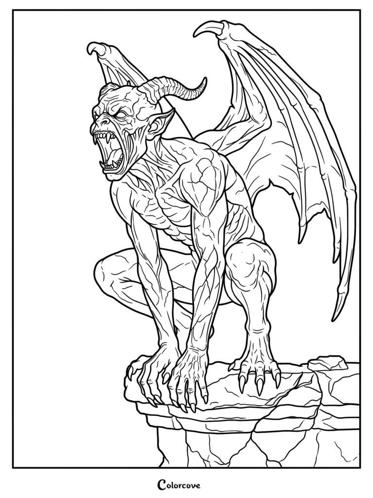 Horned winged demon crouching on rocky ledge