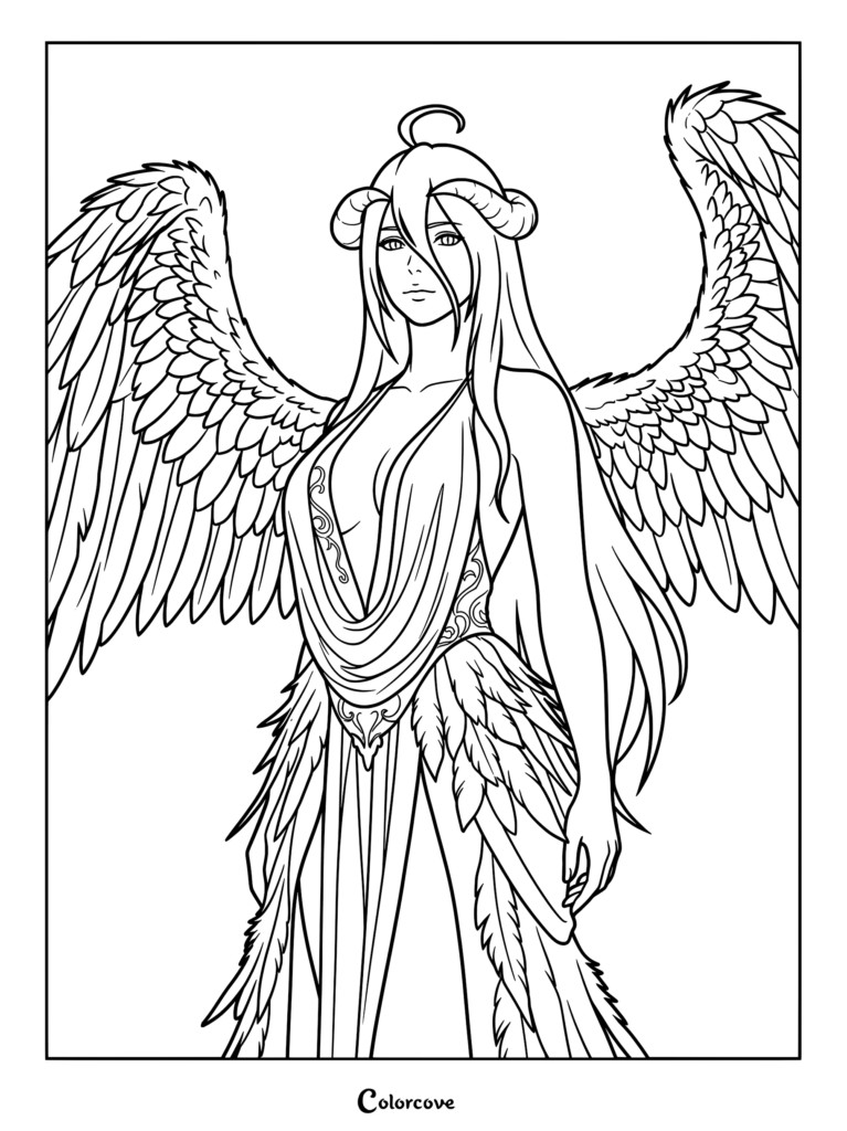 Line art of winged woman with horns and long hair