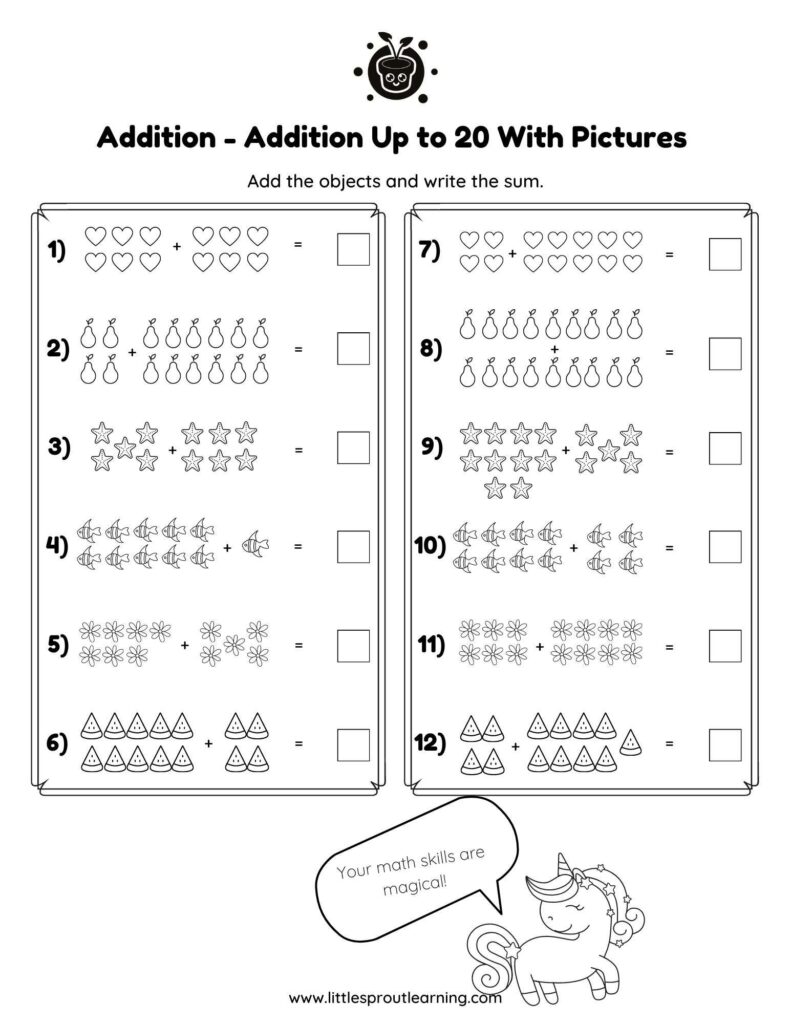 Printable addition worksheet with pictures and empty answer boxes