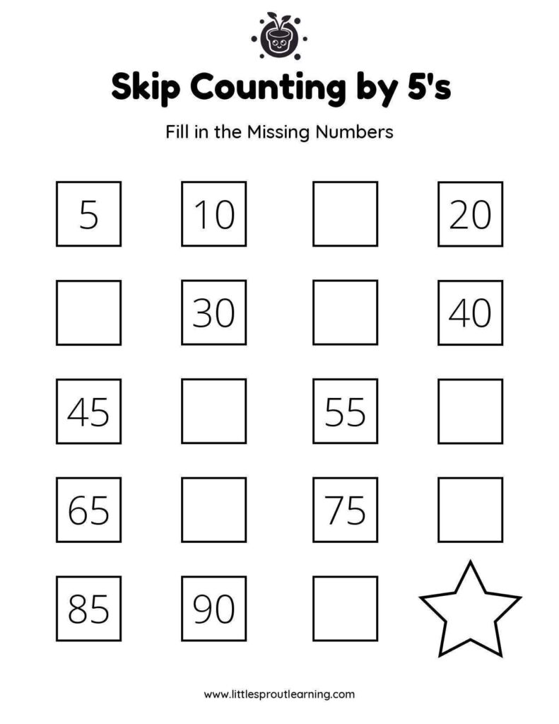 Skip counting by fives worksheet with numbered boxes