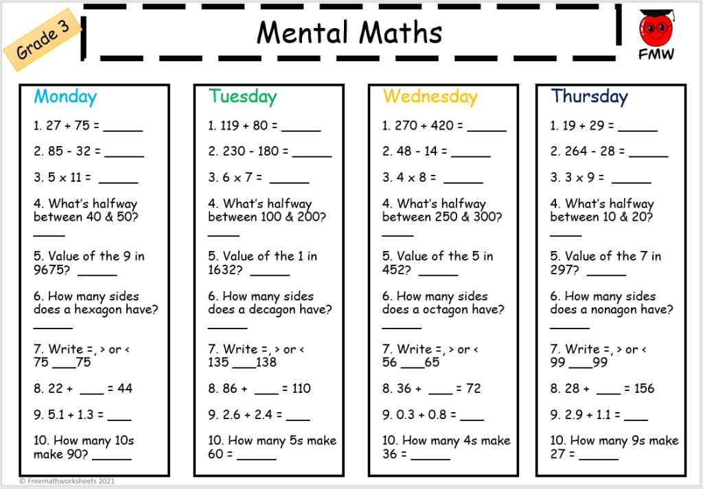 Grade 3 mental maths worksheet with four columns