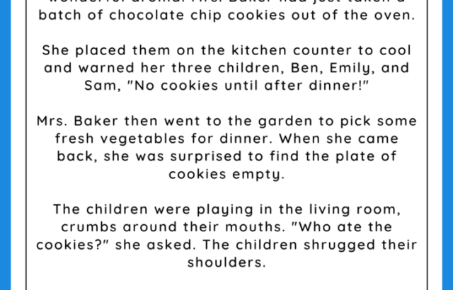 Reading passage worksheet titled “The Mystery of the Missing Cookies