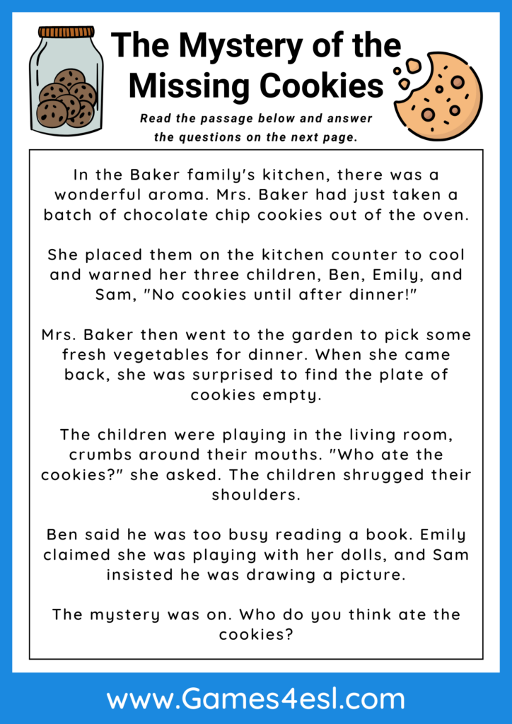 Reading passage worksheet titled “The Mystery of the Missing Cookies