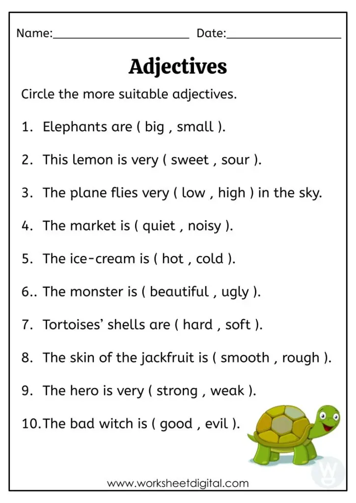 Adjectives worksheet with ten fill-in-the-blank questions