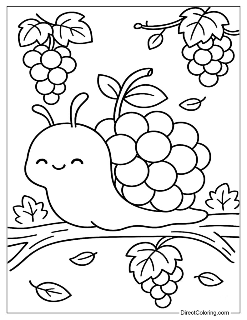 Cute smiling snail with grape clusters and leaves