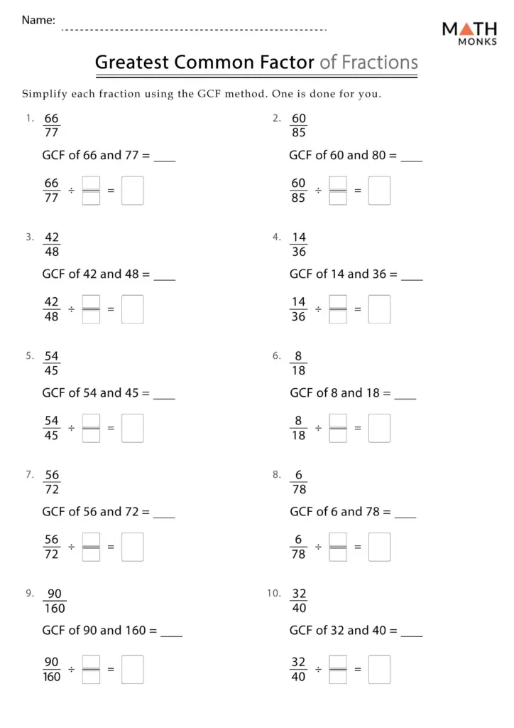 Math worksheet with fraction simplification problems