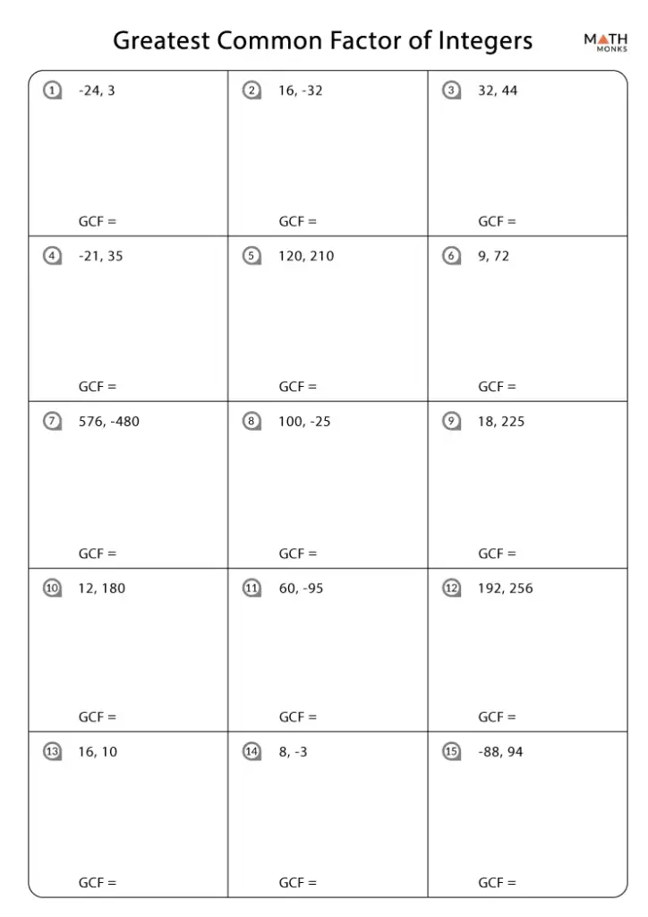 Math worksheet titled Greatest Common Factor of Integers with 15 problems