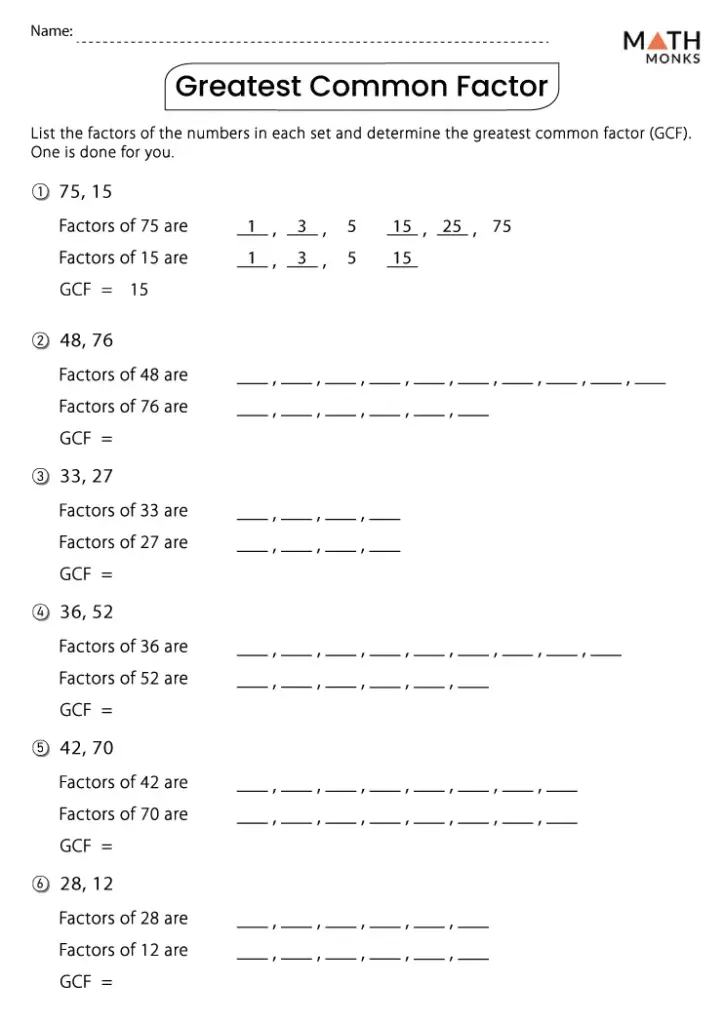 Greatest Common Factor math worksheet with number sets