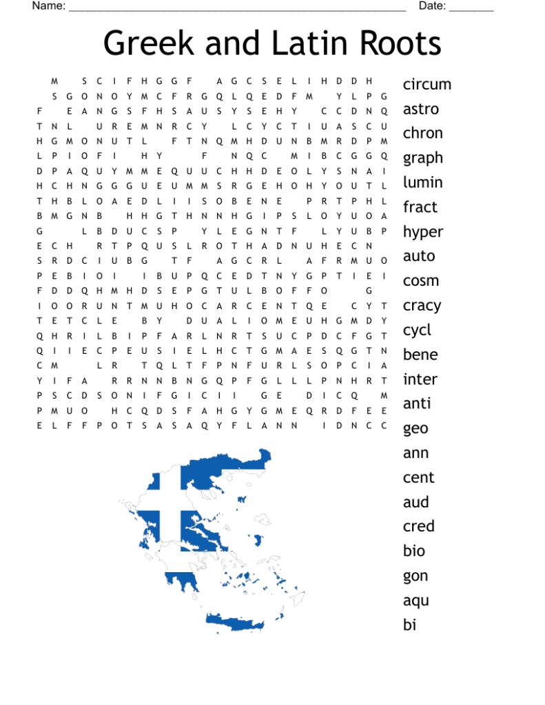 Greek and Latin roots word search worksheet with map graphic