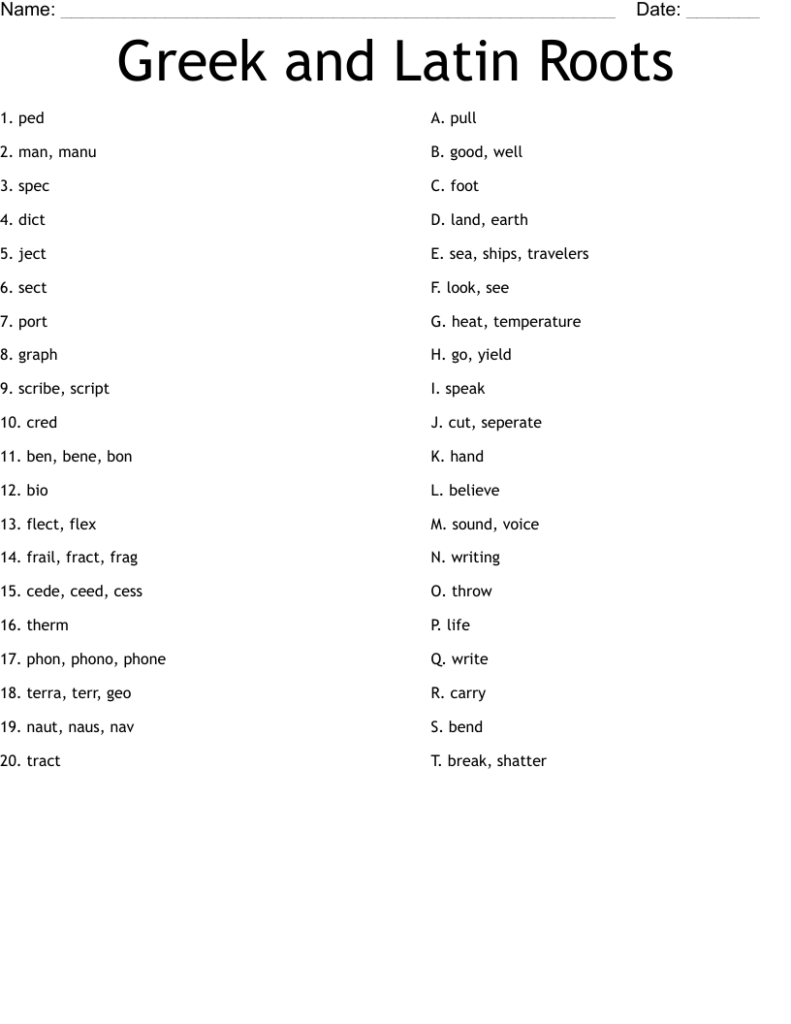 Greek and Latin roots worksheet page with word lists