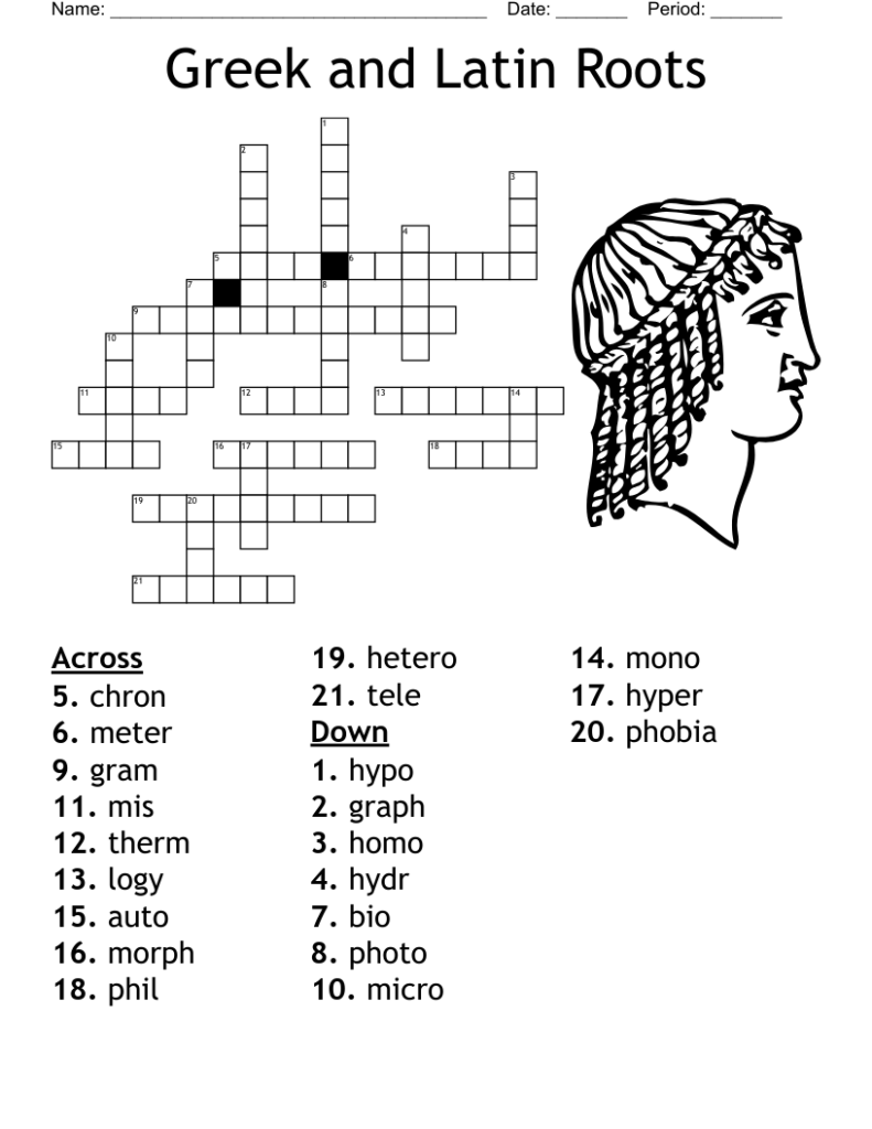 Greek and Latin roots crossword worksheet with profile illustration