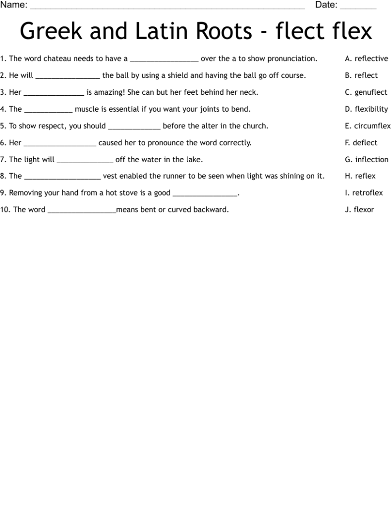 Greek and Latin roots worksheet about flex and flect