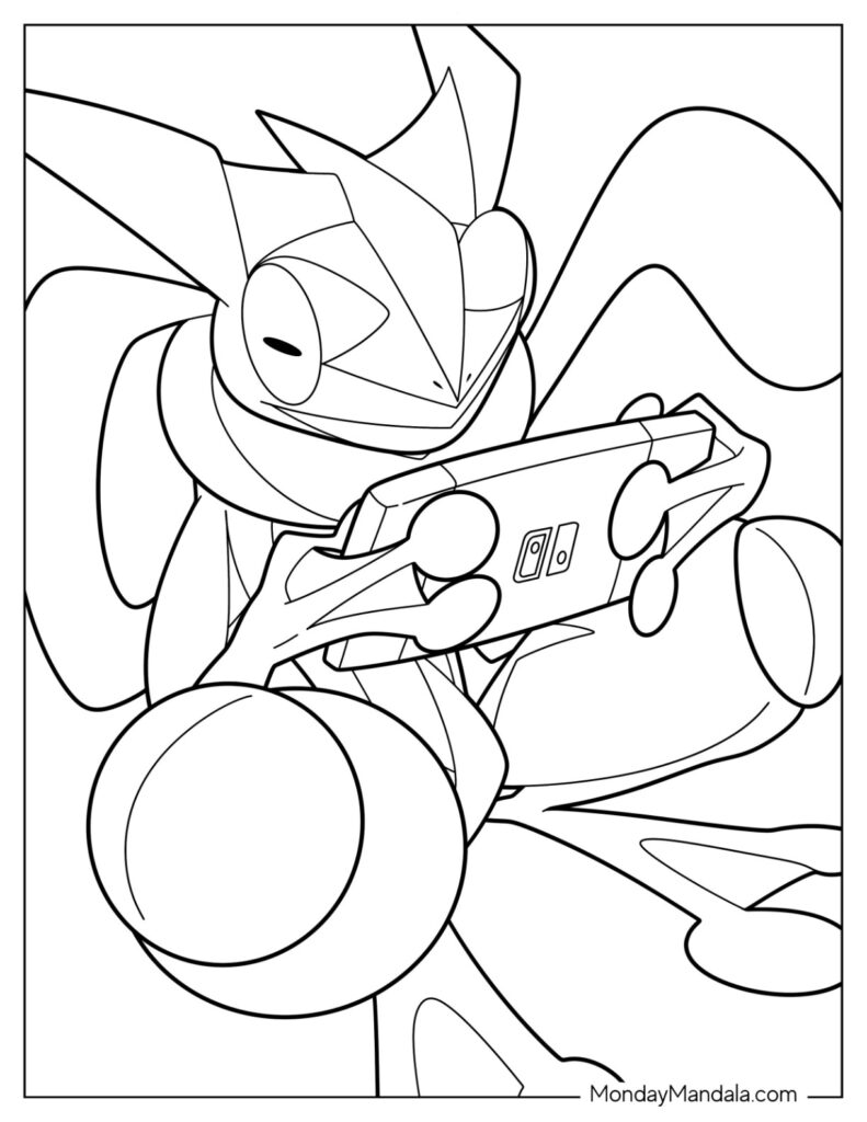 Black-and-white cartoon frog holding a handheld game console