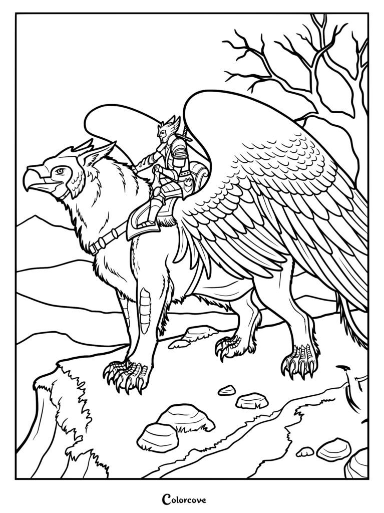 Line art of armored rider on winged griffin cliffside
