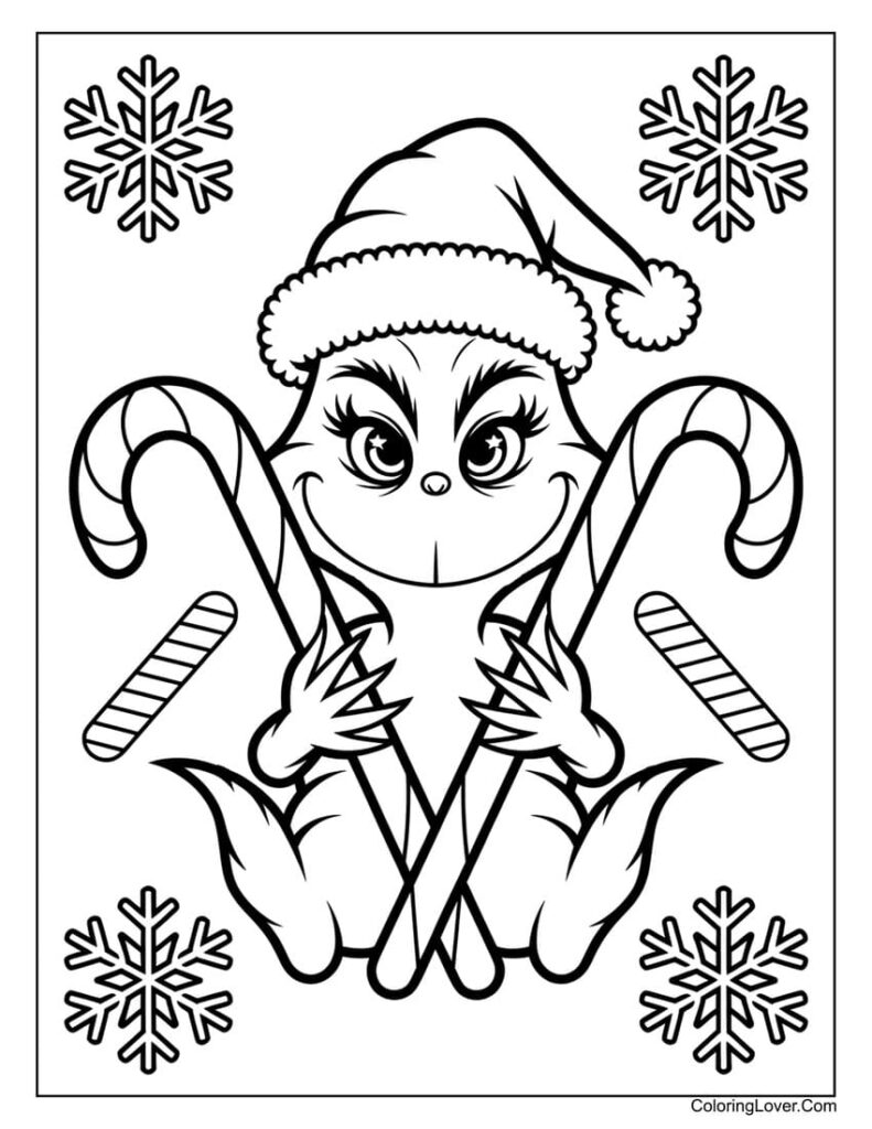 Grinch holding candy canes, with snowflakes around him