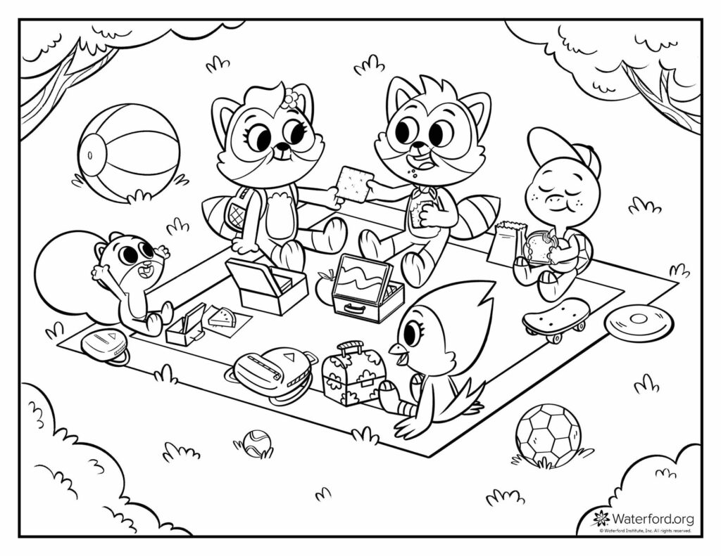 Cartoon animals having a picnic on a blanket outdoors