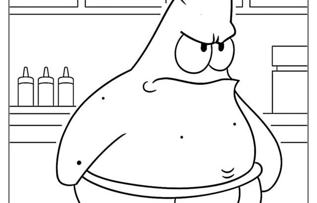 Patrick Star standing in fast-food restaurant interior coloring page